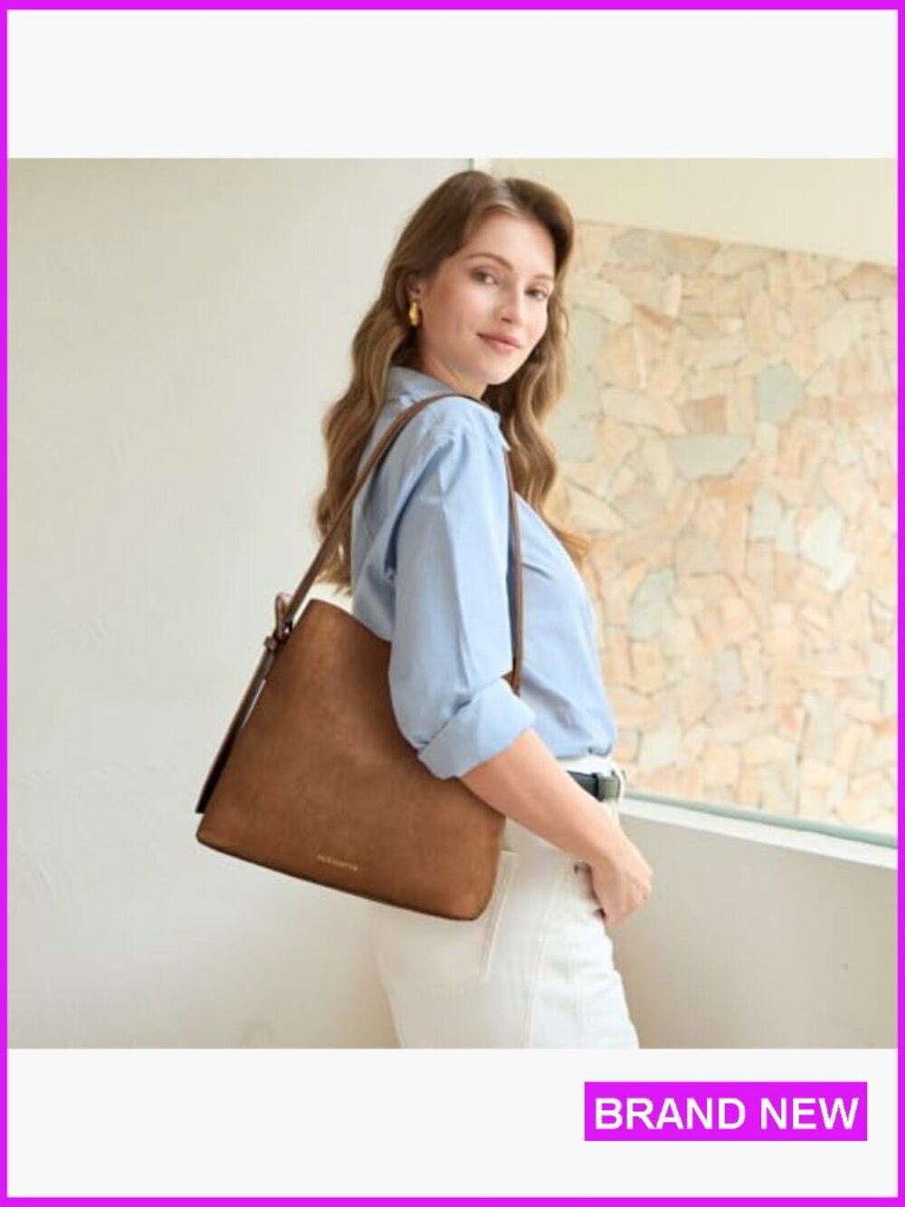 Vegan Suede Bucket Bag with Adjustable Strap and Detachable Pouch for Work - Picture 2 of 7